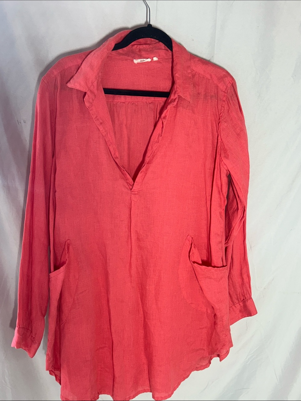 Women's Coral Split-Neck Tunic with Front Pockets